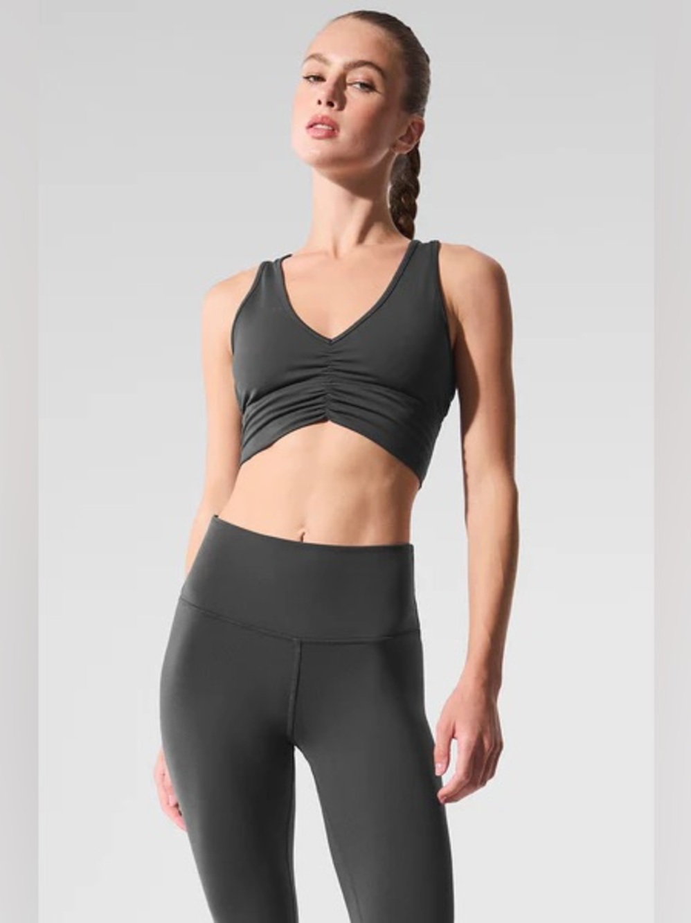 Alo Yoga Wild Thing Sports Bra Front Ruching Airbrush Fabric in Anthracite Gray